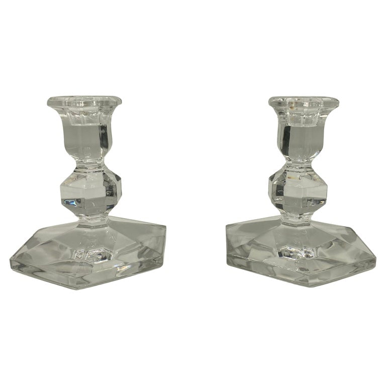 Art Deco Style Clear Crystal Candlesticks Holder, a Pair