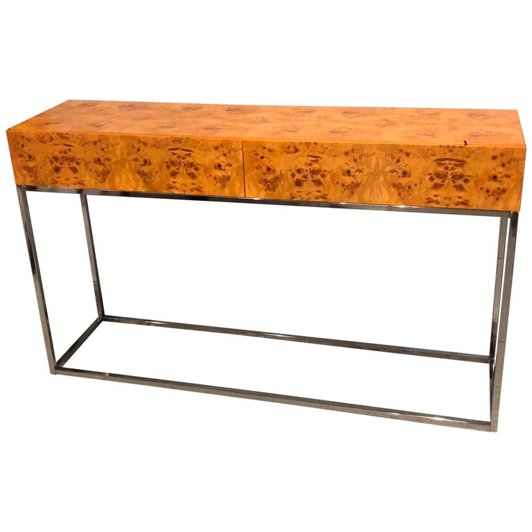 Console Table with Nice Burl Grain Two Drawers on a Chrome Base