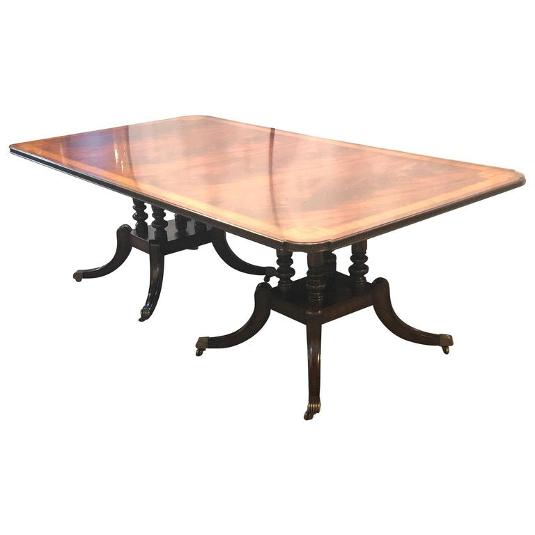 Crotch Mahogany Satinwood Banded Double Pedestal Quad Leg Dining Table