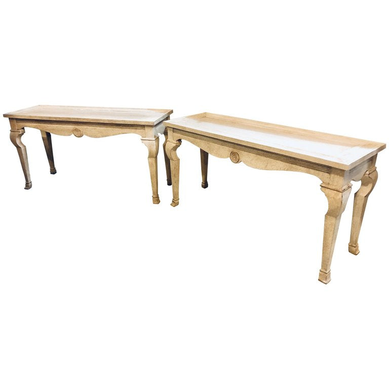 Pair of Custom Quality Hollywood Regency Style Center Console Tables Distressed