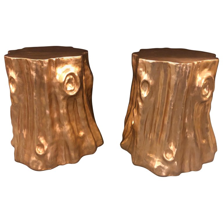 Pair of Gold Nature-Inspired Tree Trunk End Tables or Stools