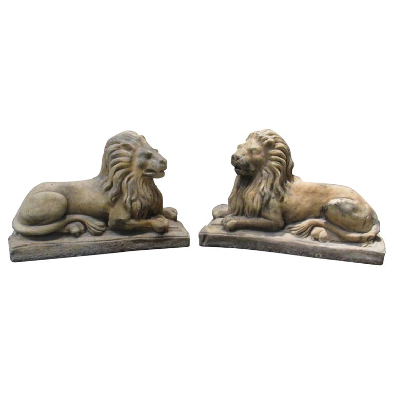 Pair of Cast Stone Garden Lions, Recumbent Lions on Plinth Bases