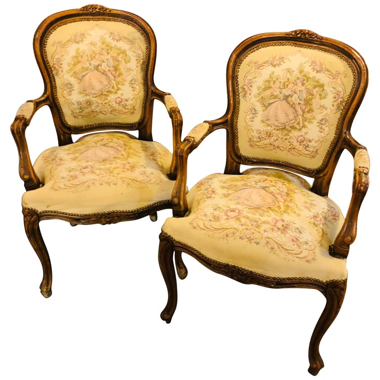 Pair of Louis XV Style Needlepoint Feuteuils or Arm Chairs