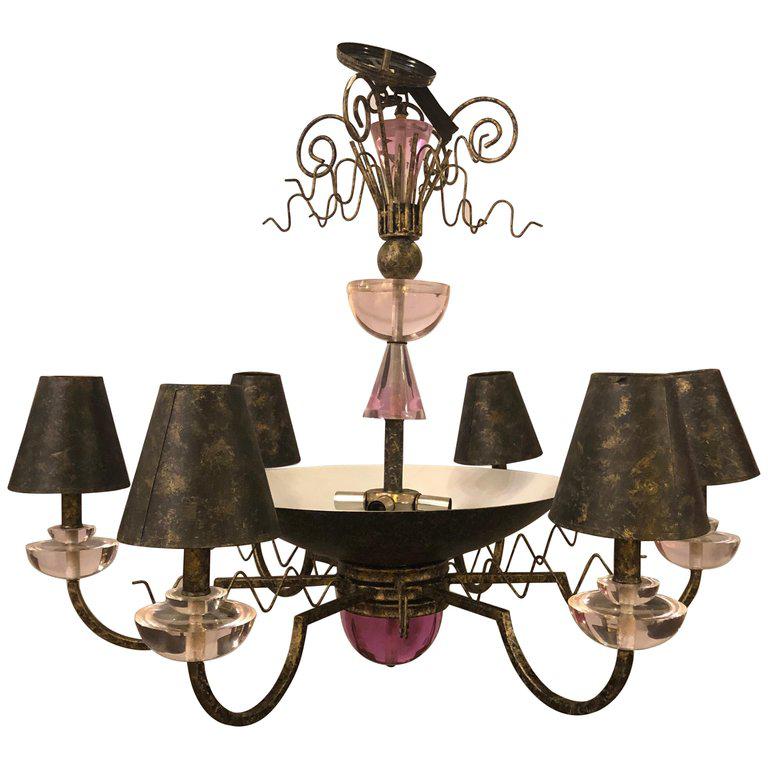 1960s Hollywood Regency Style Iron and Lucite Chandelier