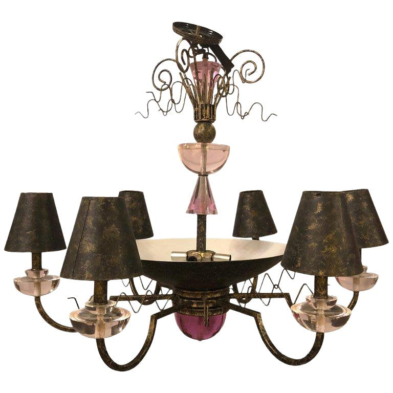 1960s Hollywood Regency Style Iron and Lucite Chandelier