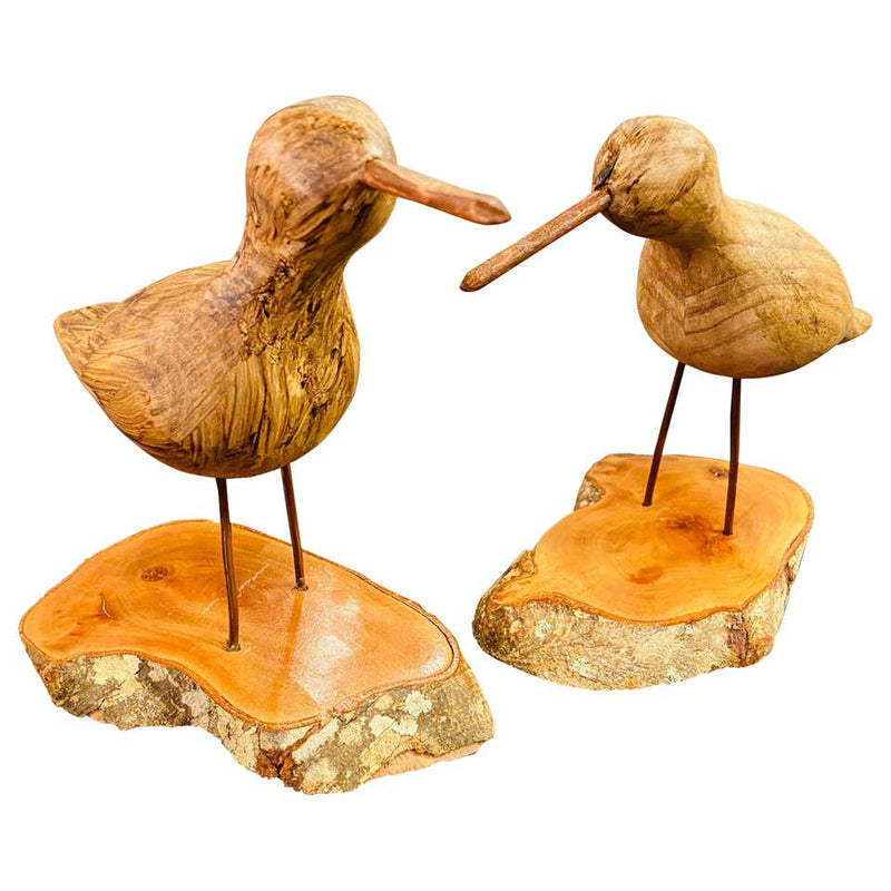 Pair of Hand Carved Wood Birds on a Wooden Base