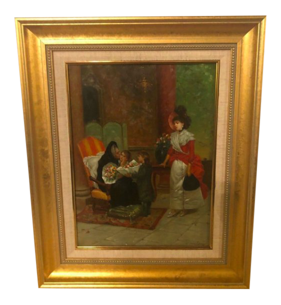 1970s Vintage Framed Grandmother Receiving Flowers Oil on Canvas Painting