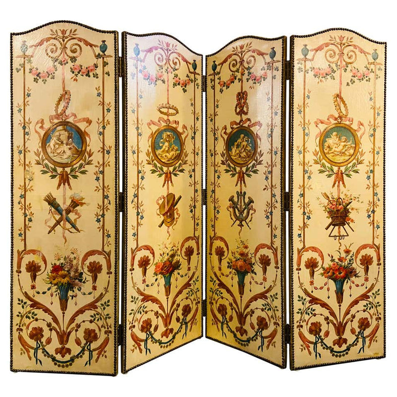 18th Century French Oil Canvas, Hand Painted Four-Panel Room Divider/Screen