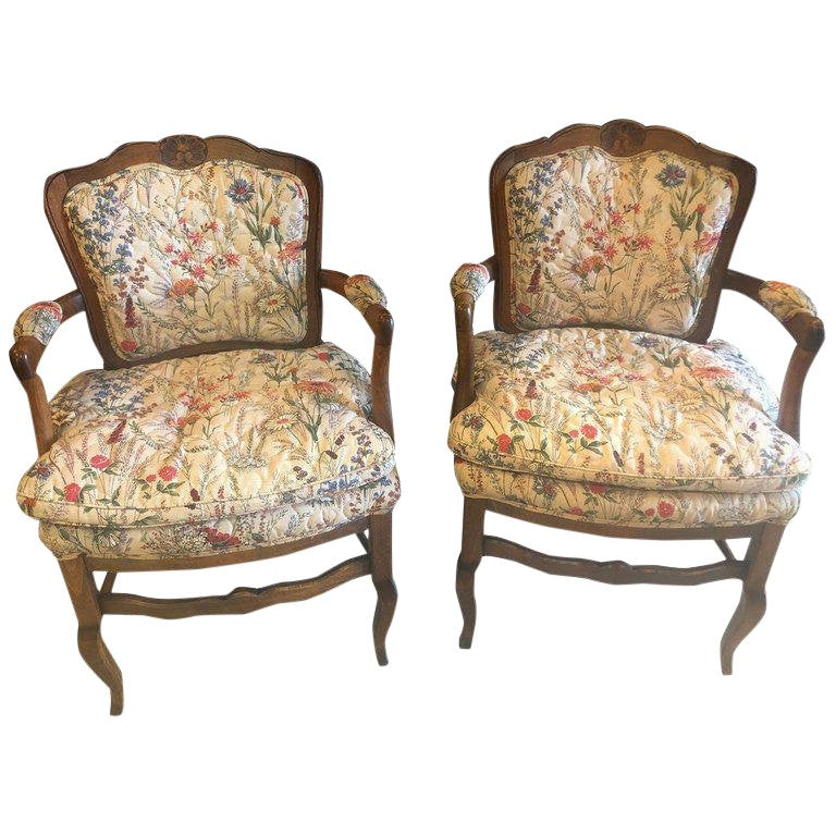 1980s Vintage Country French Boudoir Fauteuil Louis XV Chairs- A Pair