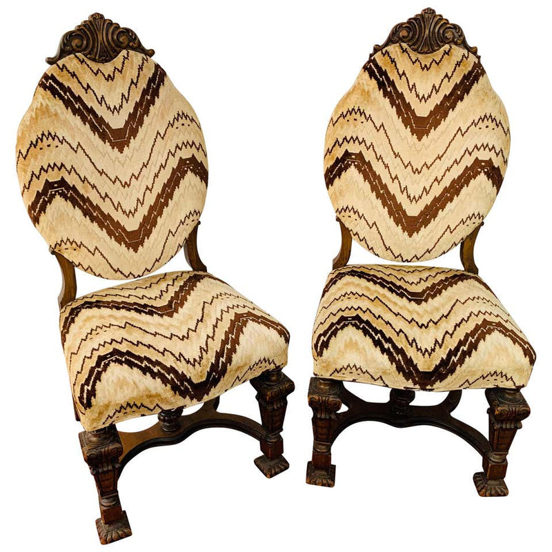 Side Chair with Chevron Striped Upholstery and Hand-carved Legs, a Pair