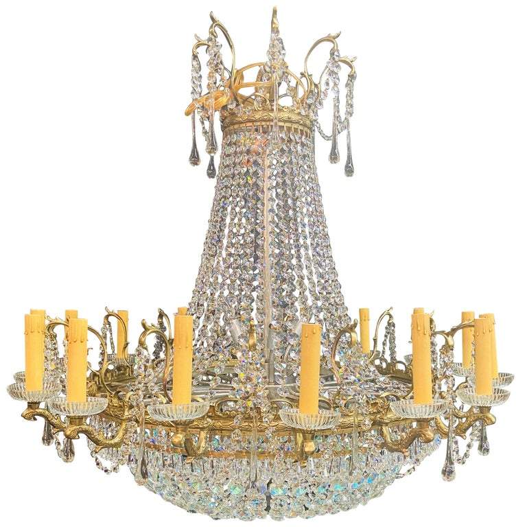 Rare Large Louis XVI Empire Style Bronze and Crystal Chandelier