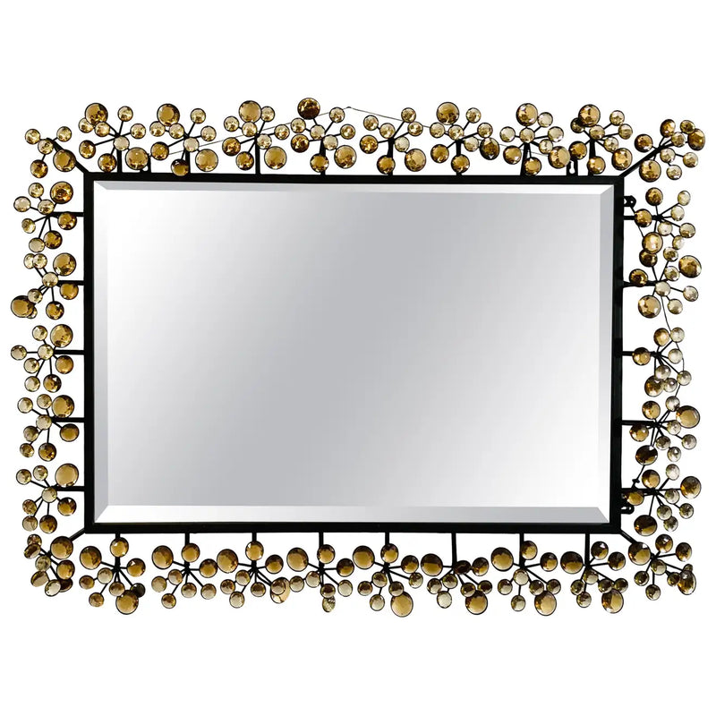 Mid-Century Modern Black and Faux Crystal Accent Beveled Wall Mirror