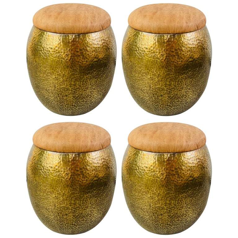 Mid Century Modern Brass Ottoman, Stool or Side Table With Leather Top, Set of 4