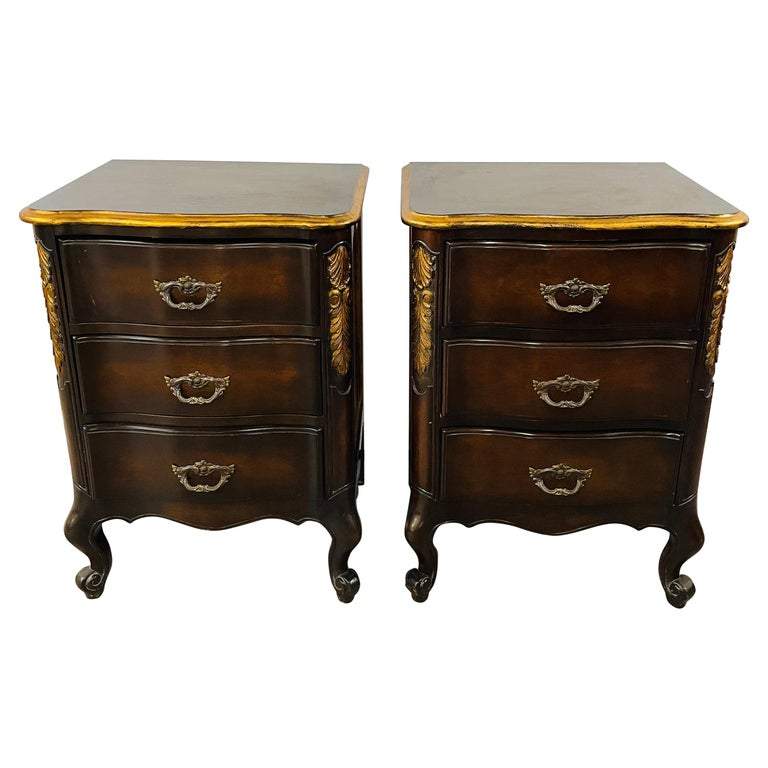 French Provincial 3 Drawer Mahogany Gilt Decorated Nightstand Table , a Pair