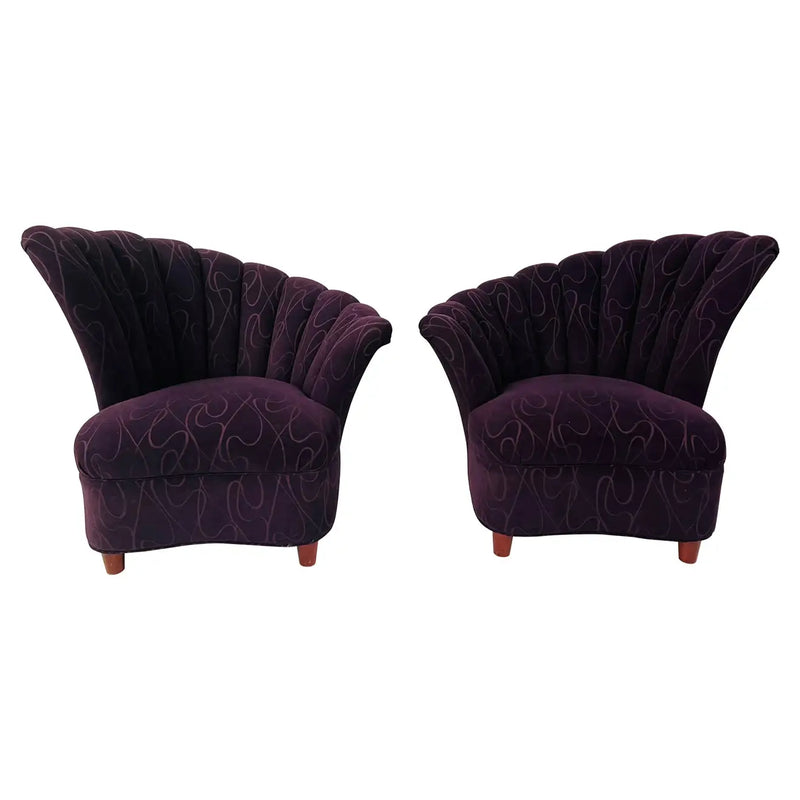 Vladimir Kagan Style Mid- Century Modern Purple Fan Back Chair, a Pair