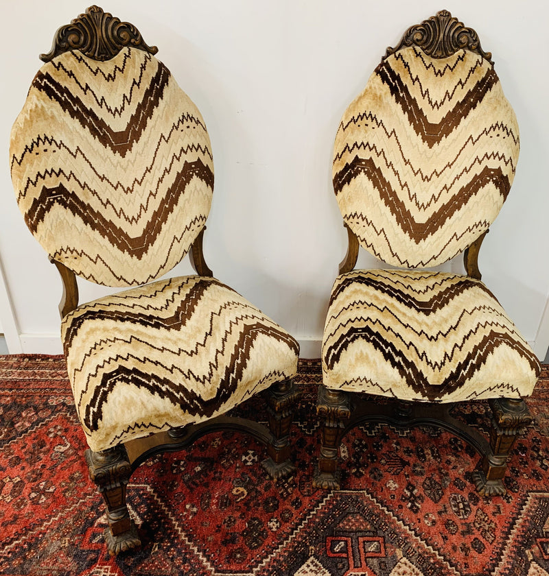 Side Chair with Chevron Striped Upholstery and Hand-carved Legs, a Pair