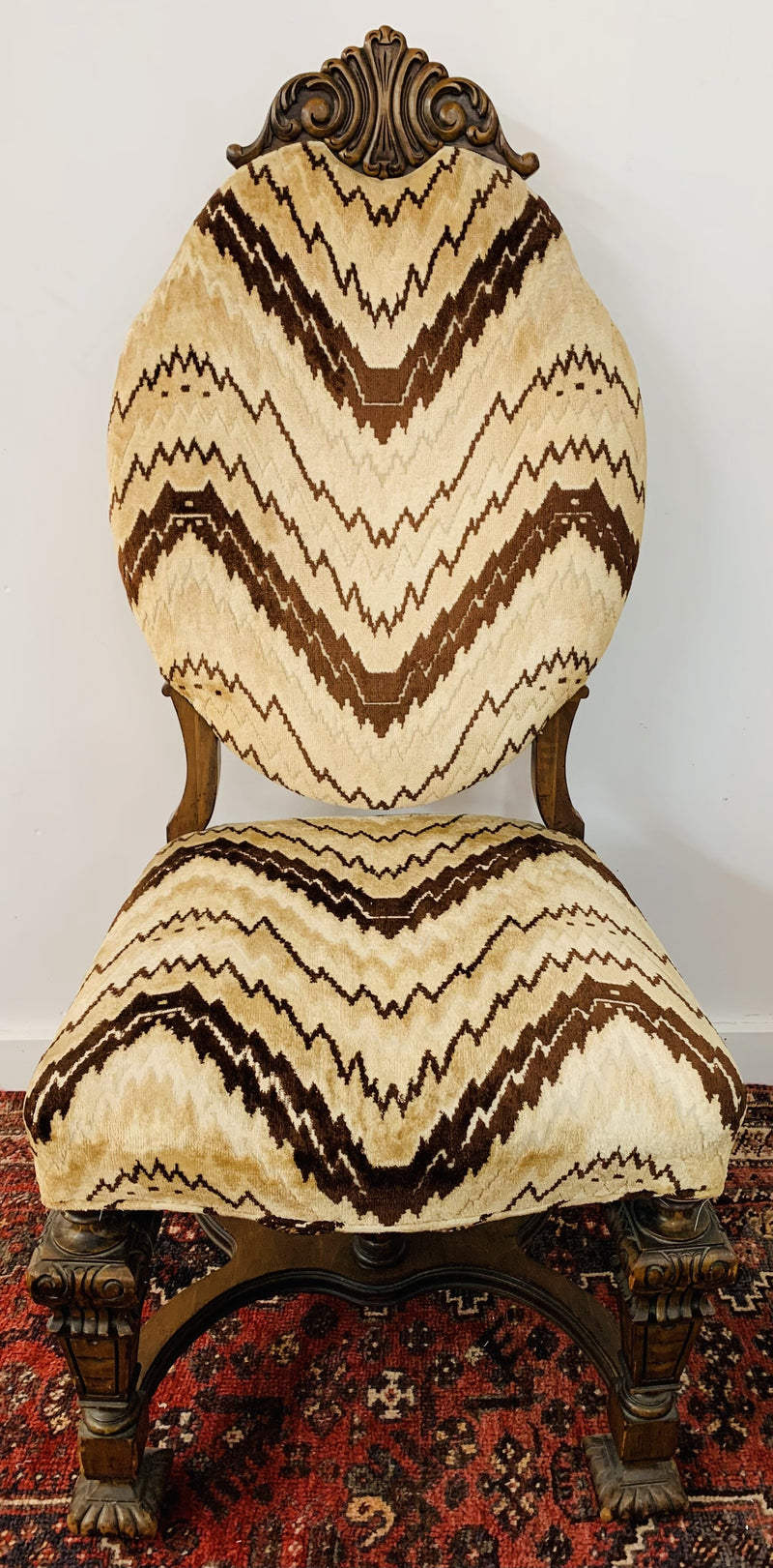 Side Chair with Chevron Striped Upholstery and Hand-carved Legs, a Pair