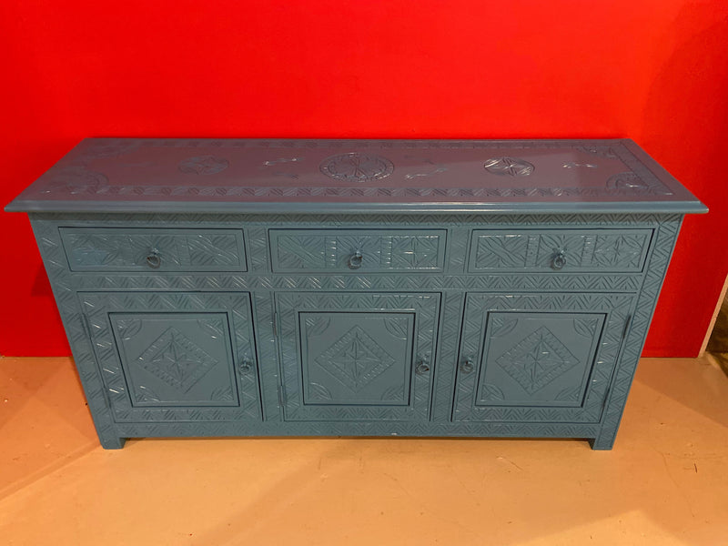 Celeste Blue Modern Moroccan Hand Carved Three Drawer Console or Dresser