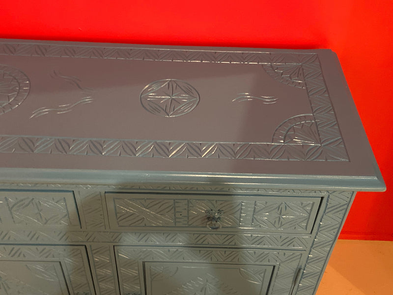 Celeste Blue Modern Moroccan Hand Carved Three Drawer Console or Dresser