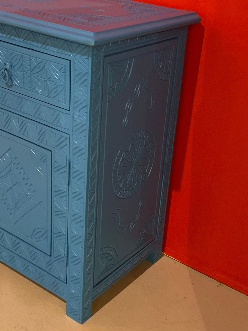 Celeste Blue Modern Moroccan Hand Carved Three Drawer Console or Dresser