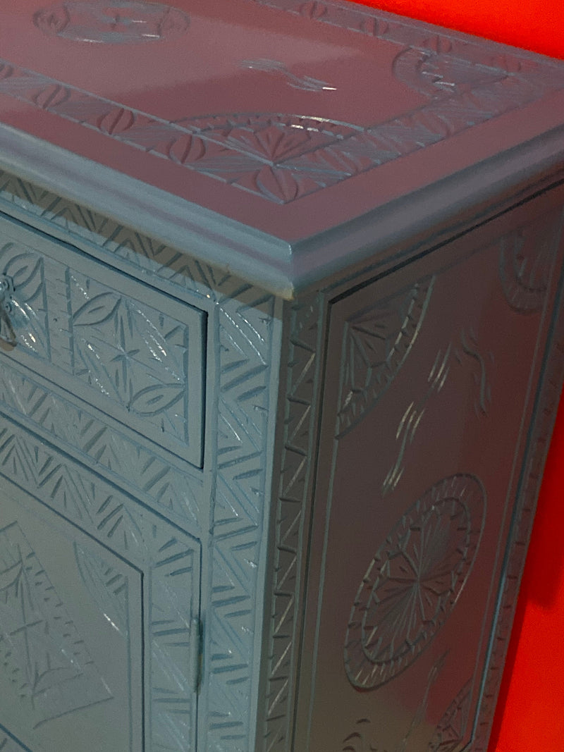 Celeste Blue Modern Moroccan Hand Carved Three Drawer Console or Dresser