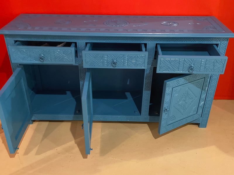 Celeste Blue Modern Moroccan Hand Carved Three Drawer Console or Dresser