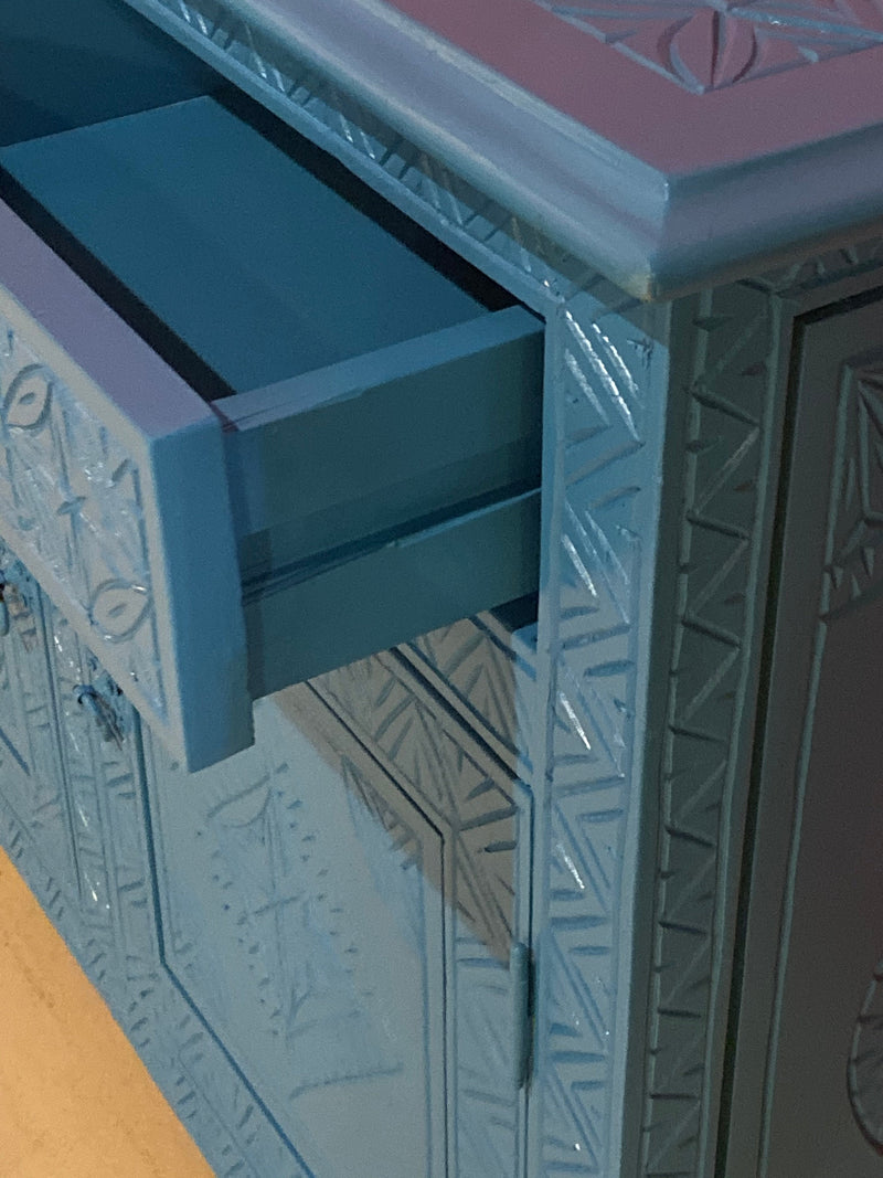 Celeste Blue Modern Moroccan Hand Carved Three Drawer Console or Dresser