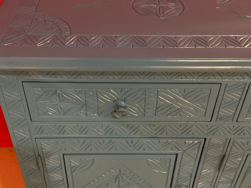 Celeste Blue Modern Moroccan Hand Carved Three Drawer Console or Dresser