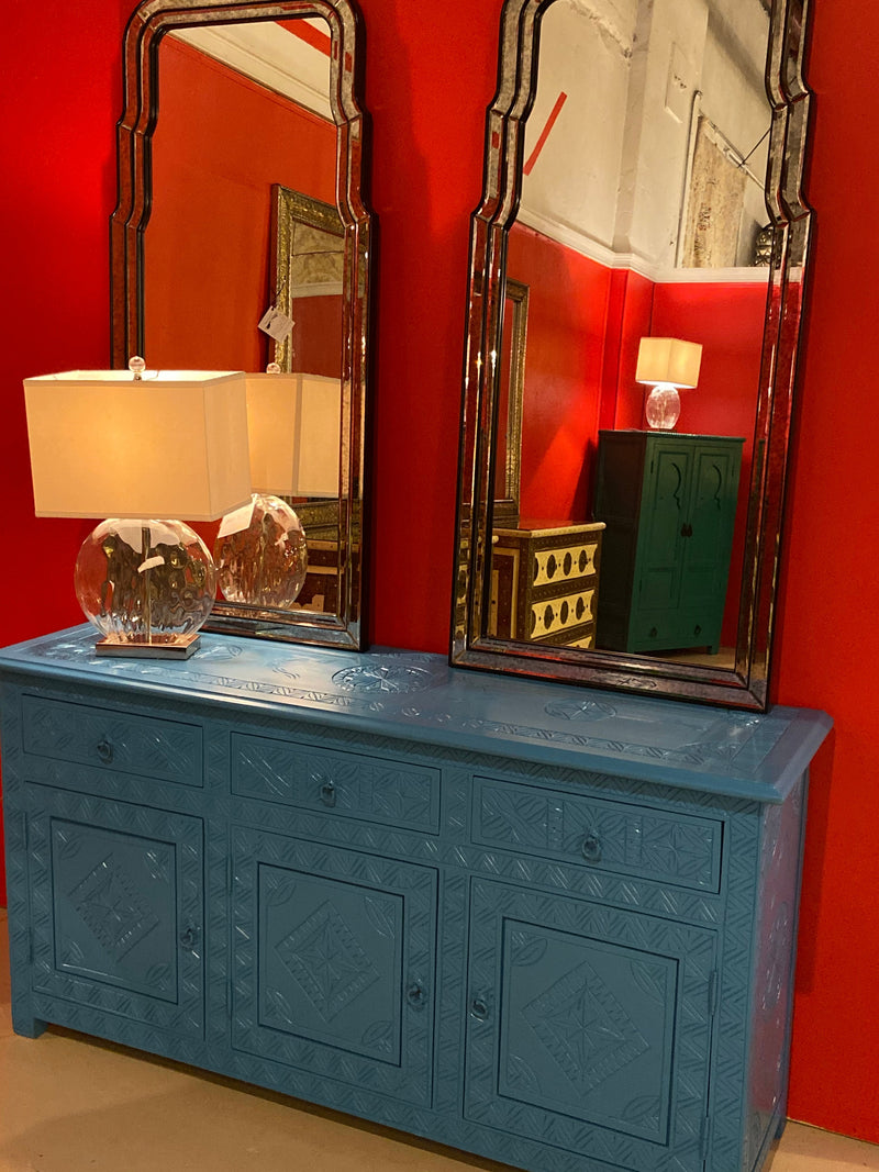 Celeste Blue Modern Moroccan Hand Carved Three Drawer Console or Dresser