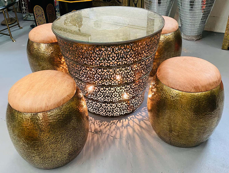 Mid Century Modern Brass Ottoman, Stool or Side Table With Leather Top, Set of 4