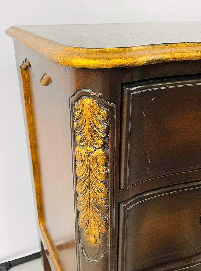 French Provincial 3 Drawer Mahogany Gilt Decorated Nightstand Table , a Pair