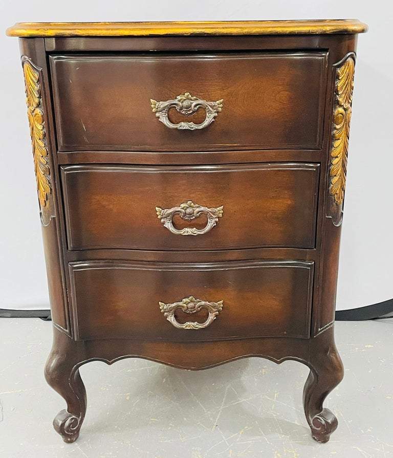 French Provincial 3 Drawer Mahogany Gilt Decorated Nightstand Table , a Pair