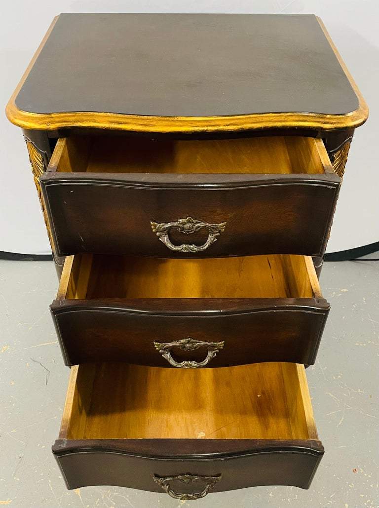 French Provincial 3 Drawer Mahogany Gilt Decorated Nightstand Table , a Pair