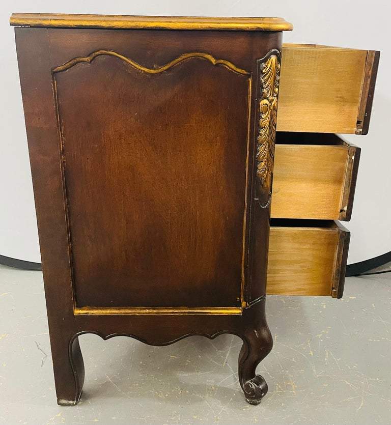 French Provincial 3 Drawer Mahogany Gilt Decorated Nightstand Table , a Pair