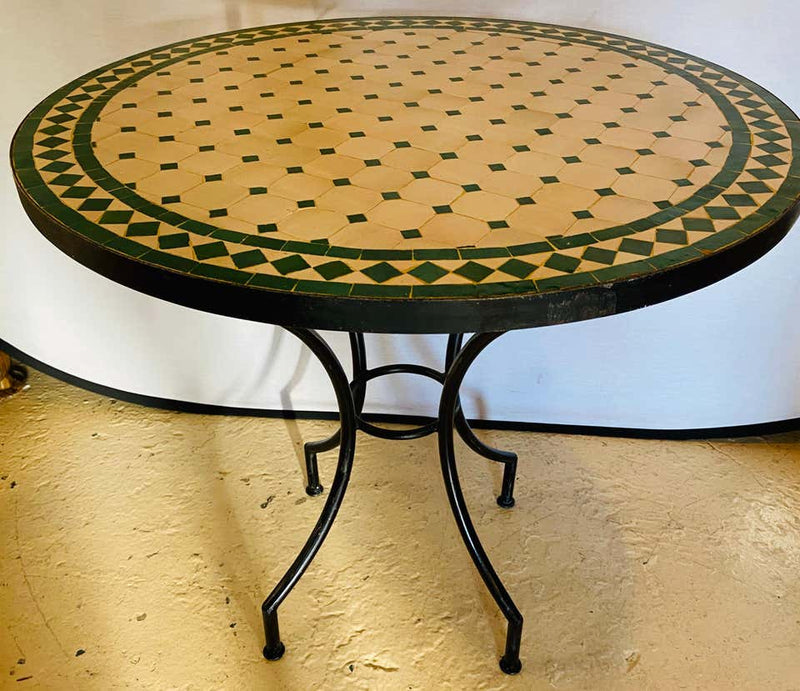 Moroccan Mosaic Bistro or Garden Table in Green and Off-White