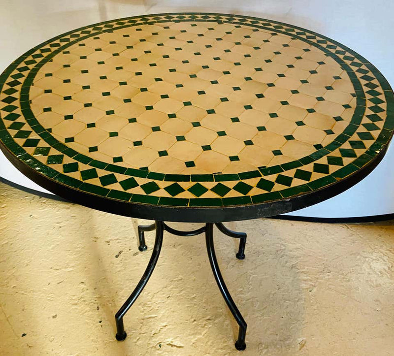 Moroccan Mosaic Bistro or Garden Table in Green and Off-White