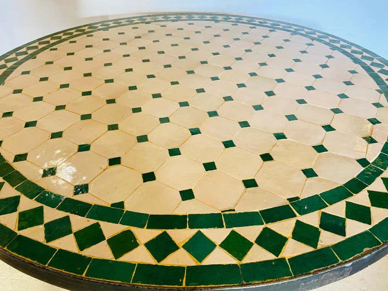Moroccan Mosaic Bistro or Garden Table in Green and Off-White