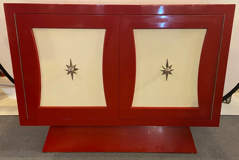 A Parzinger Style Cabinet, Commode or Server Lacquered in Red and White