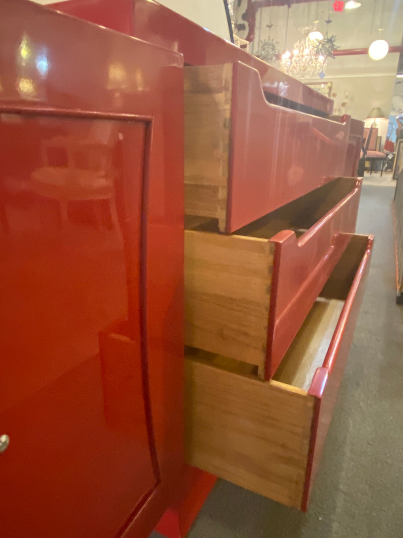 A Parzinger Style Cabinet, Commode or Server Lacquered in Red and White