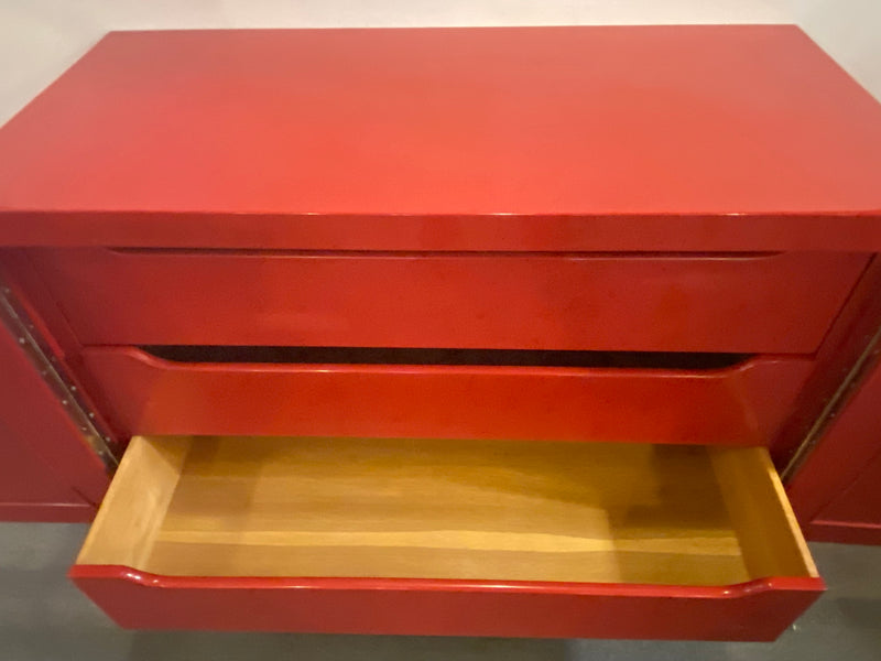 A Parzinger Style Cabinet, Commode or Server Lacquered in Red and White