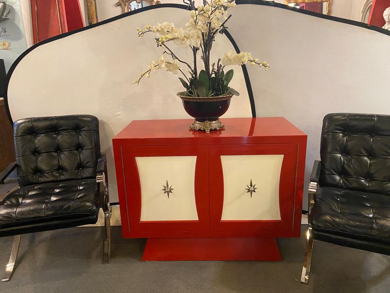 A Parzinger Style Cabinet, Commode or Server Lacquered in Red and White