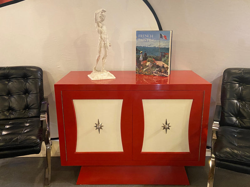 A Parzinger Style Cabinet, Commode or Server Lacquered in Red and White