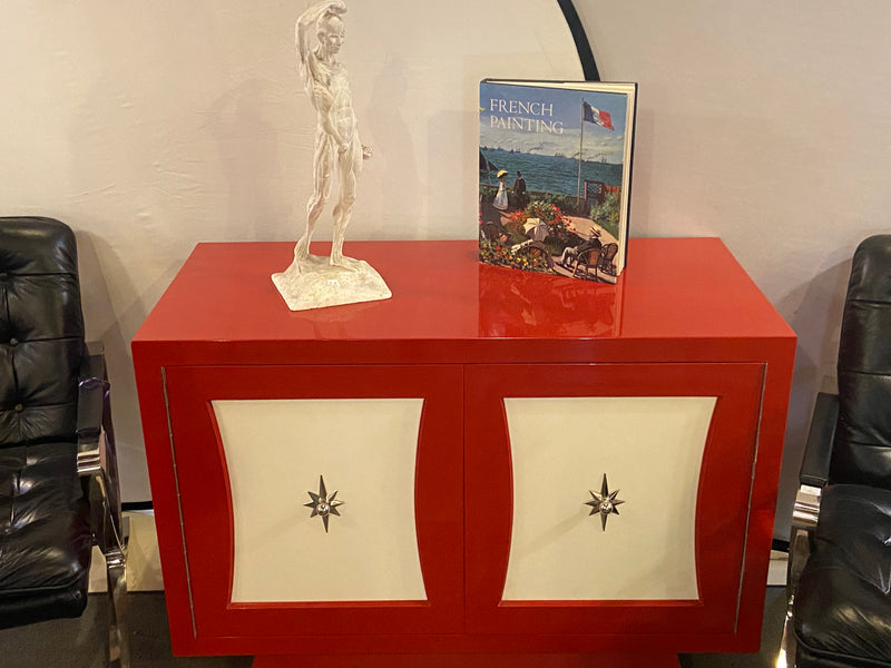 A Parzinger Style Cabinet, Commode or Server Lacquered in Red and White