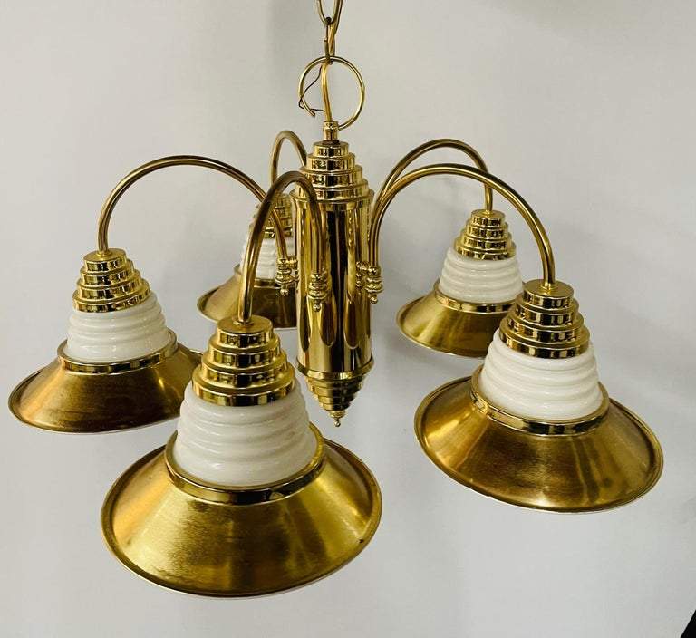Art Deco Style Brass Torch Style 5 Arms Chandelier or Pendant