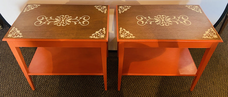 Pair of Walnut Paint Decorated Mid Century Modern End/Night/Lamp/Side Tables