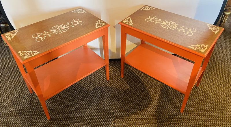 Pair of Walnut Paint Decorated Mid Century Modern End/Night/Lamp/Side Tables