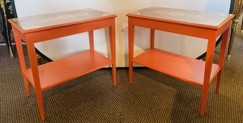 Pair of Walnut Paint Decorated Mid Century Modern End/Night/Lamp/Side Tables