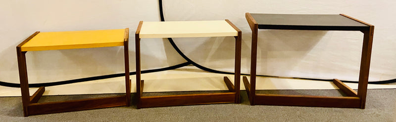 Mid Century Modern Set of Walnut Vinyl Nesting Side Tables By Jens Risom, 1960's