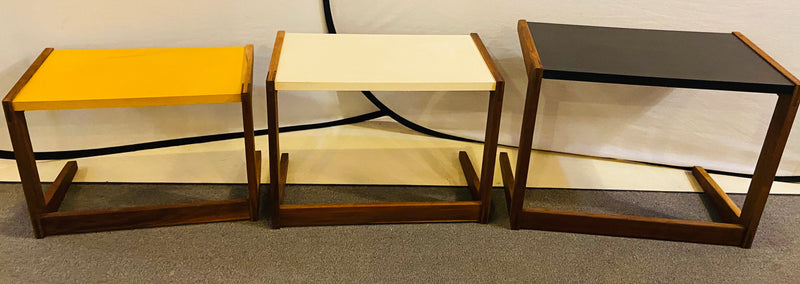 Mid Century Modern Set of Walnut Vinyl Nesting Side Tables By Jens Risom, 1960's