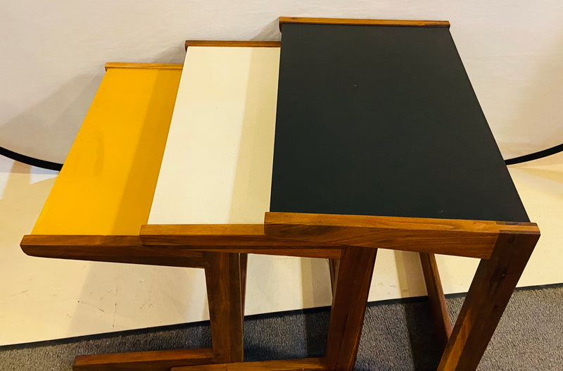 Mid Century Modern Set of Walnut Vinyl Nesting Side Tables By Jens Risom, 1960's